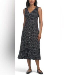 TAHARI Linen Blend Seamed Button Front Vest Dress polka dot sleeveless